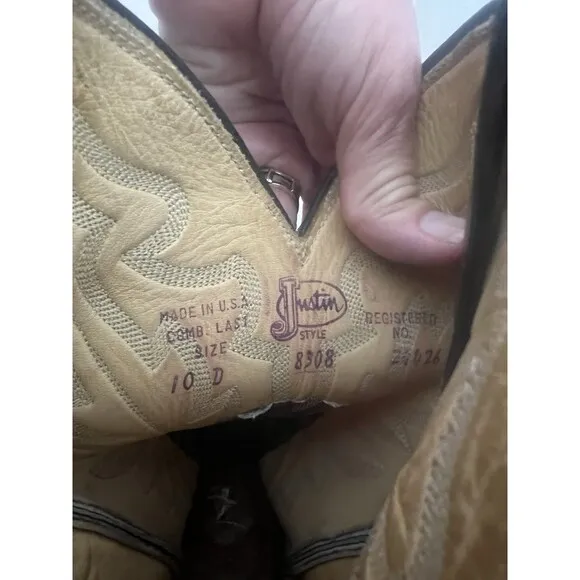 JUSTIN 8308 Men’s 10D Brown Lizard Leather Farmer Cowboy Western Boots w/ Flaws
