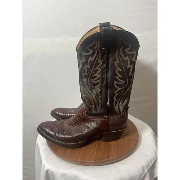 JUSTIN 8308 Men’s 10D Brown Lizard Leather Farmer Cowboy Western Boots w/ Flaws