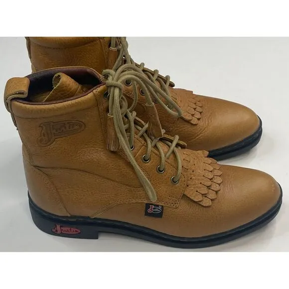 Justin George Strait Women's Round Toe‎ Lace Up Brown Leather Boots Size 7.5 B