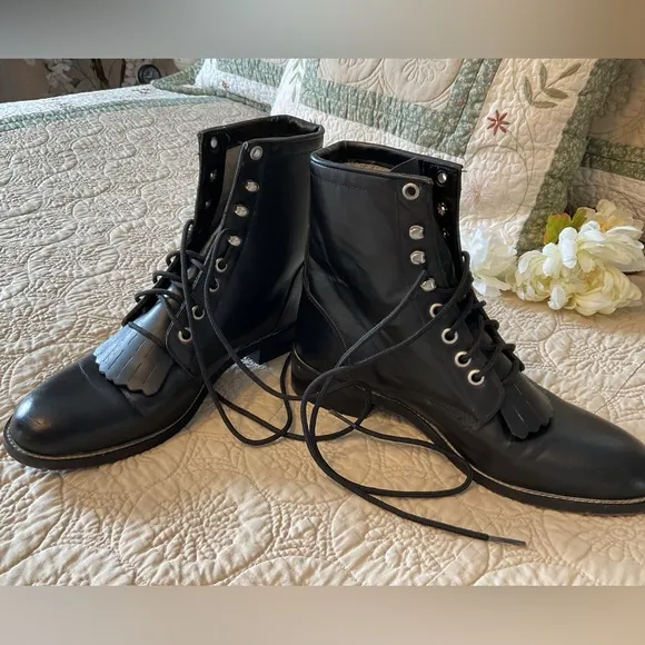JUSTIN JUNIOR ROPER LACE UP BOOTS SIZE 4.5 D, BLACK EXCELLENT CONDITION
