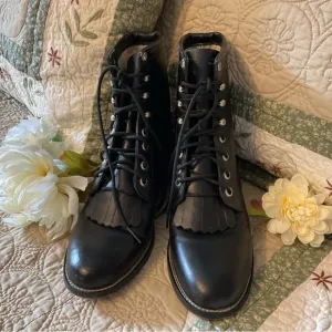 JUSTIN JUNIOR ROPER LACE UP BOOTS SIZE 4.5 D, BLACK EXCELLENT CONDITION