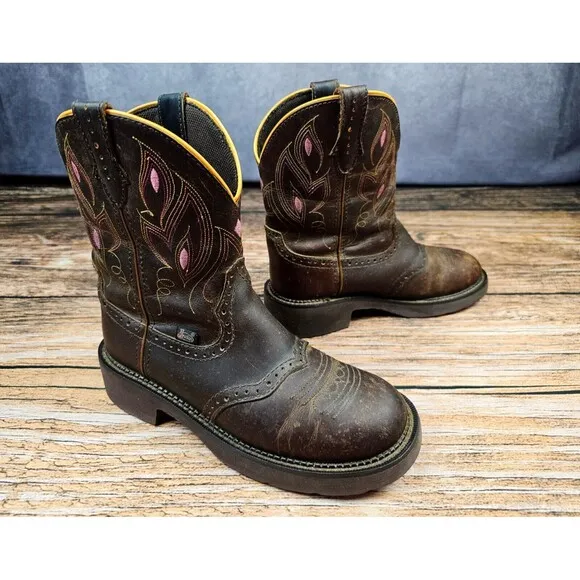 Justin Women 8B Shetland Brown Pink Round Toe Western Southwestern Cowgirl Boots