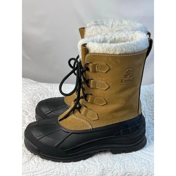 Kamik Men's Size 10 Tan Alborg Winter Lace Up Leather Snow Fleece Lined Boots