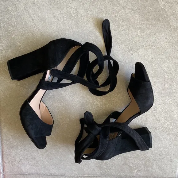 KARL LAGERFELD PARIS BLACK LEATHER SUEDE STRAPPY LACE UP SANDALS SHOES SIZE 8.5