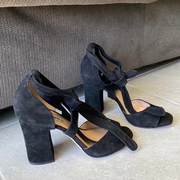 KARL LAGERFELD PARIS BLACK LEATHER SUEDE STRAPPY LACE UP SANDALS SHOES SIZE 8.5