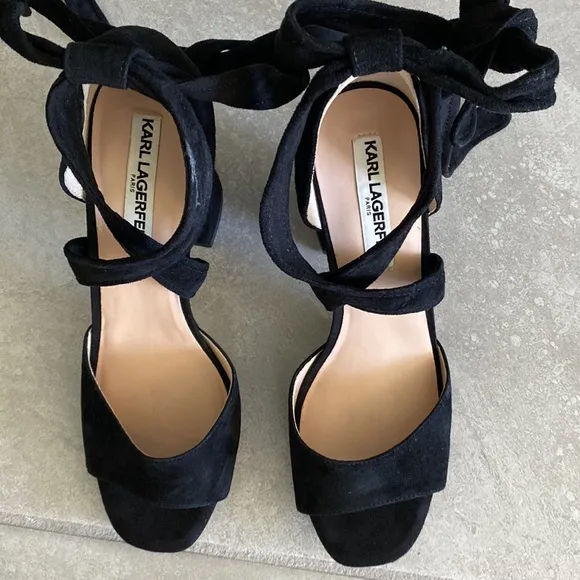 KARL LAGERFELD PARIS BLACK LEATHER SUEDE STRAPPY LACE UP SANDALS SHOES SIZE 8.5