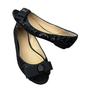 Kate Spade Black Sequined Flats Size 6.5 Peep Toe Bow Slip On Shoes