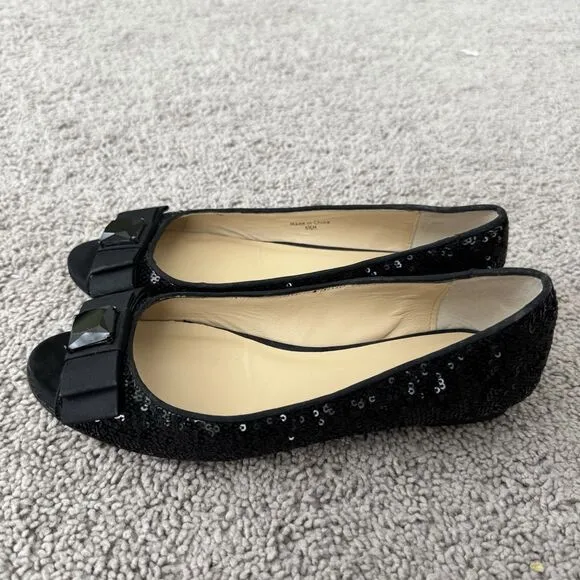 Kate Spade Black Sequined Flats Size 6.5 Peep Toe Bow Slip On Shoes