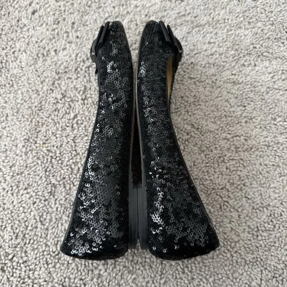 Kate Spade Black Sequined Flats Size 6.5 Peep Toe Bow Slip On Shoes