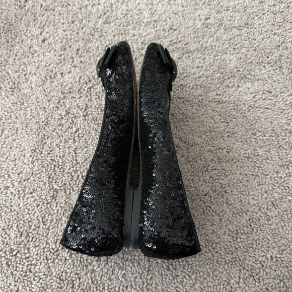 Kate Spade Black Sequined Flats Size 6.5 Peep Toe Bow Slip On Shoes