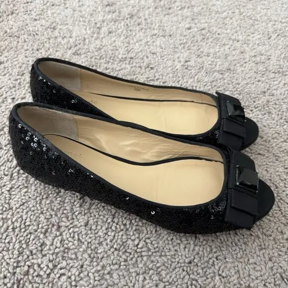 Kate Spade Black Sequined Flats Size 6.5 Peep Toe Bow Slip On Shoes