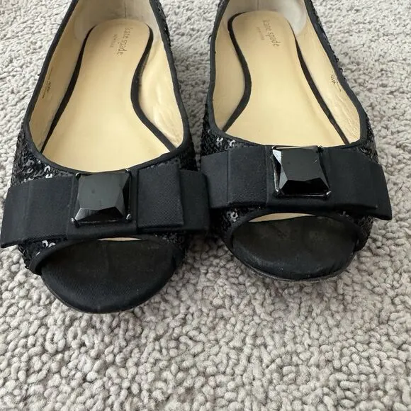 Kate Spade Black Sequined Flats Size 6.5 Peep Toe Bow Slip On Shoes