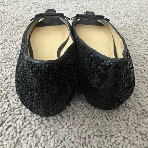 Kate Spade Black Sequined Flats Size 6.5 Peep Toe Bow Slip On Shoes