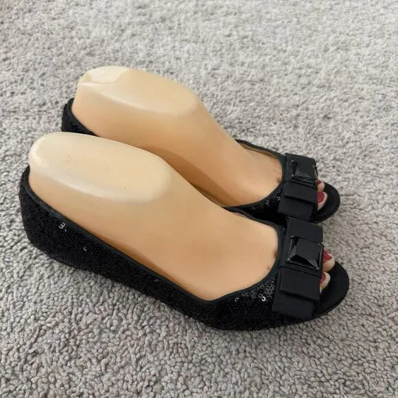Kate Spade Black Sequined Flats Size 6.5 Peep Toe Bow Slip On Shoes