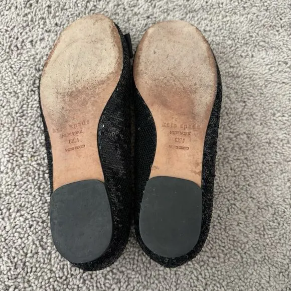 Kate Spade Black Sequined Flats Size 6.5 Peep Toe Bow Slip On Shoes