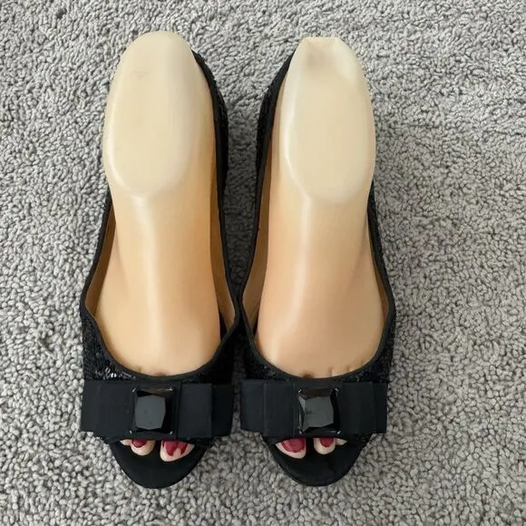 Kate Spade Black Sequined Flats Size 6.5 Peep Toe Bow Slip On Shoes