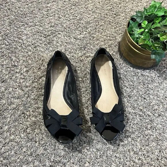Kate Spade New York Black Peep Toe Ballet Flats Shoes Size 8.5 Patent Leather