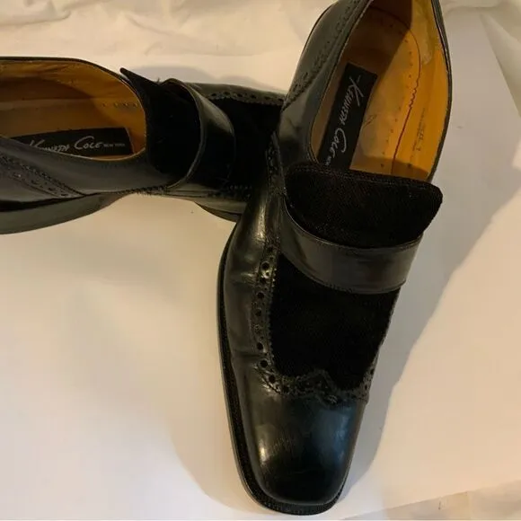 Kenneth Cole Size 9 M Black  Leather Slip On Wingtip Loafer Dress Mens Shoes