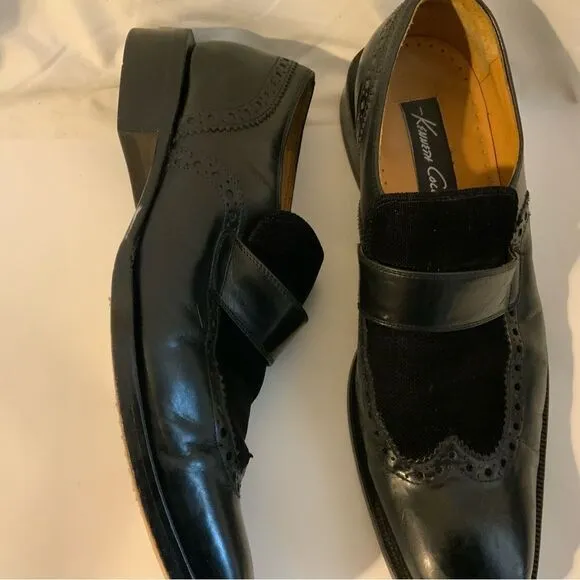 Kenneth Cole Size 9 M Black  Leather Slip On Wingtip Loafer Dress Mens Shoes