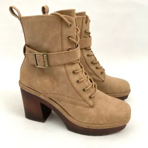 Korks Combat Boots Chunky Heel 7.5 M Zip Up Lace Ankle Boots Women’s Tan Booties