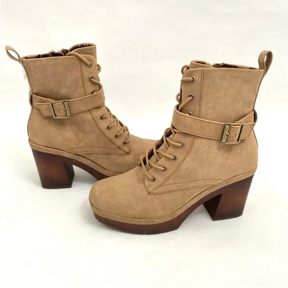 Korks Combat Boots Chunky Heel 7.5 M Zip Up Lace Ankle Boots Women’s Tan Booties