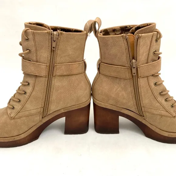 Korks Combat Boots Chunky Heel 7.5 M Zip Up Lace Ankle Boots Women’s Tan Booties