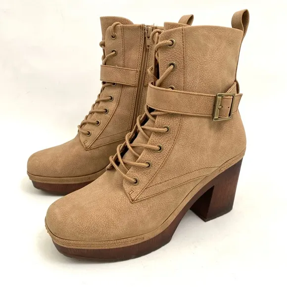 Korks Combat Boots Chunky Heel 7.5 M Zip Up Lace Ankle Boots Women’s Tan Booties