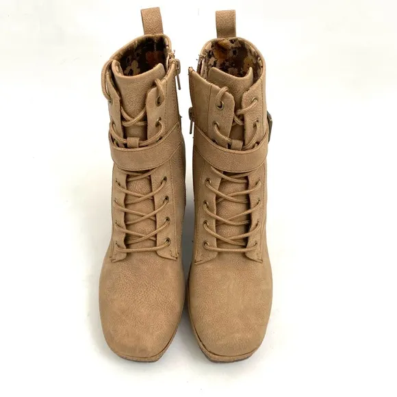 Korks Combat Boots Chunky Heel 7.5 M Zip Up Lace Ankle Boots Women’s Tan Booties