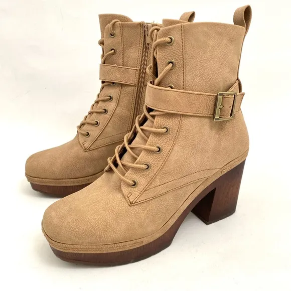 Korks Combat Boots Chunky Heel 7.5 M Zip Up Lace Ankle Boots Women’s Tan Booties