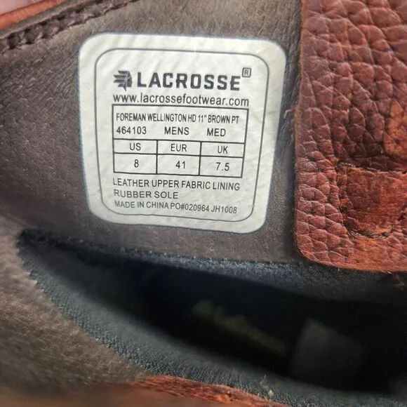 LaCrosse Foreman Wellington HD 11&quot; Work Boots Mens Sz 8 Med Brown Waterproof PT