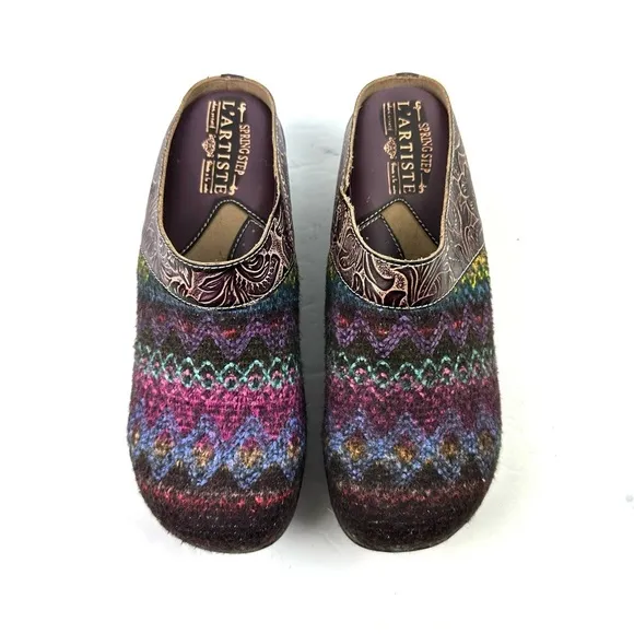 L'artiste Spring Step Zigino Shoes 38 Wool Leather Colorful Slip On Mules Womens