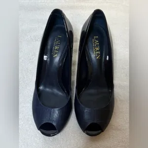LAUREN Ralph Lauren Navy Ronna Peep Toe Heels Womens Shoes US 7B