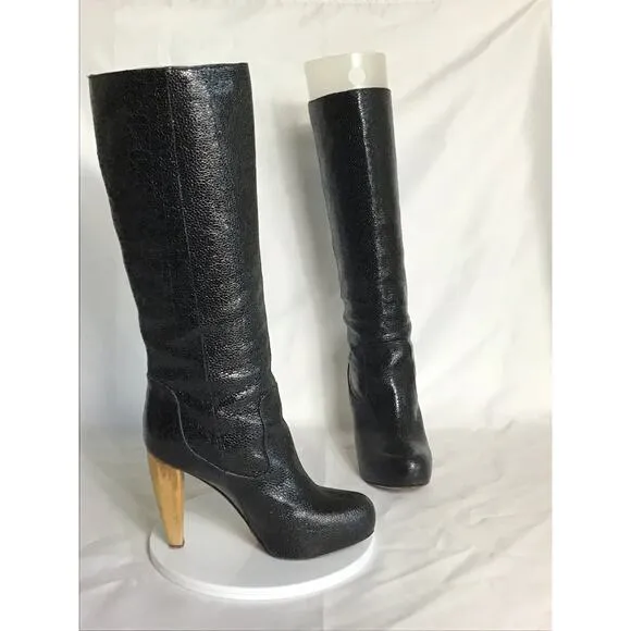 Loeffler Randall Women Tall Snakeskin Print  Boots Sz. 7.5 Black  Designer Sexy