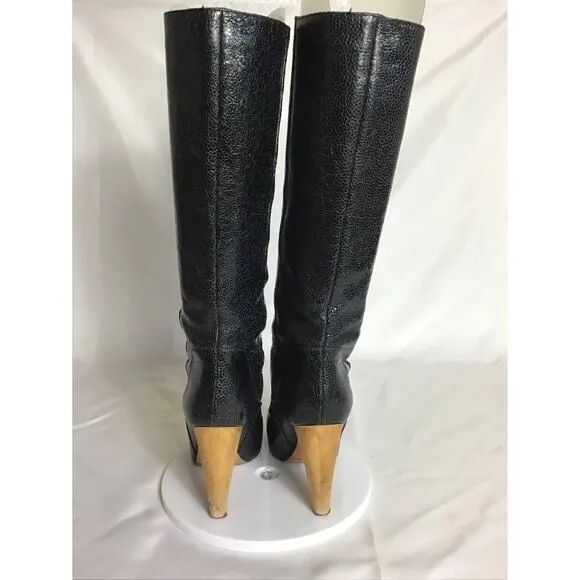Loeffler Randall Women Tall Snakeskin Print  Boots Sz. 7.5 Black  Designer Sexy