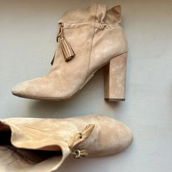 Louise Et Cie Taedin Tassel Soft KidSuede Tan Leather Heel Ankle Bootie Women 10