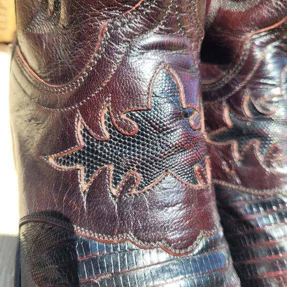 Lucchese 1883 Black Cherry Inlaid Lizard Saddle Vamp Cowboy Boots Sz 8D N1007R4