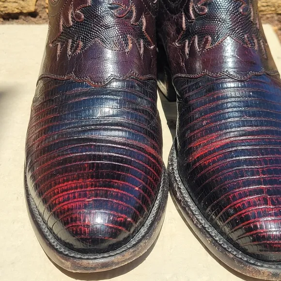 Lucchese 1883 Black Cherry Inlaid Lizard Saddle Vamp Cowboy Boots Sz 8D N1007R4