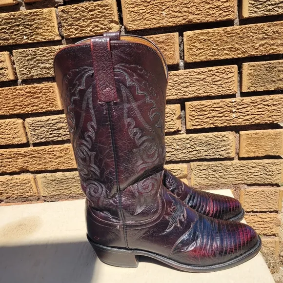 Lucchese 1883 Black Cherry Inlaid Lizard Saddle Vamp Cowboy Boots Sz 8D N1007R4