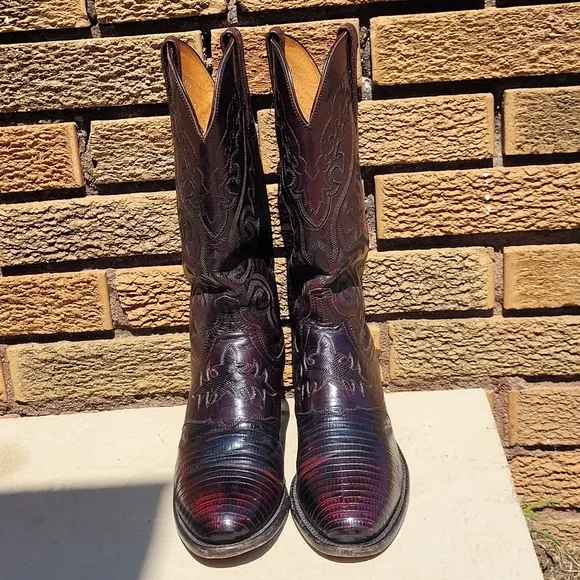 Lucchese 1883 Black Cherry Inlaid Lizard Saddle Vamp Cowboy Boots Sz 8D N1007R4