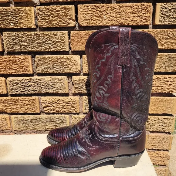 Lucchese 1883 Black Cherry Inlaid Lizard Saddle Vamp Cowboy Boots Sz 8D N1007R4