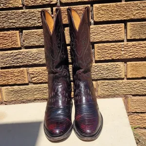 Lucchese 1883 Black Cherry Inlaid Lizard Saddle Vamp Cowboy Boots Sz 8D N1007R4