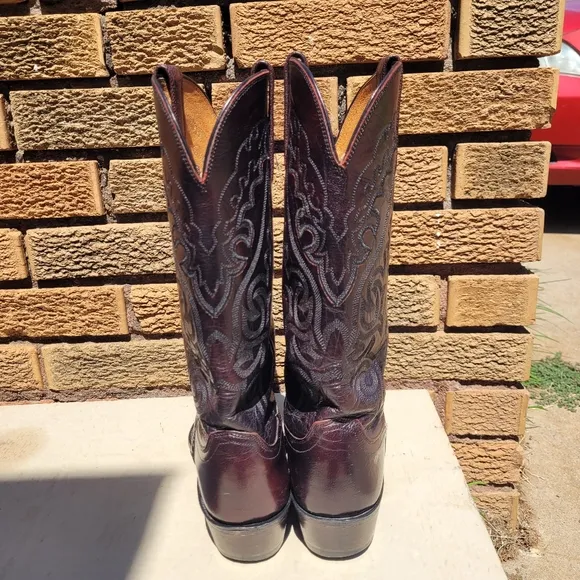 Lucchese 1883 Black Cherry Inlaid Lizard Saddle Vamp Cowboy Boots Sz 8D N1007R4