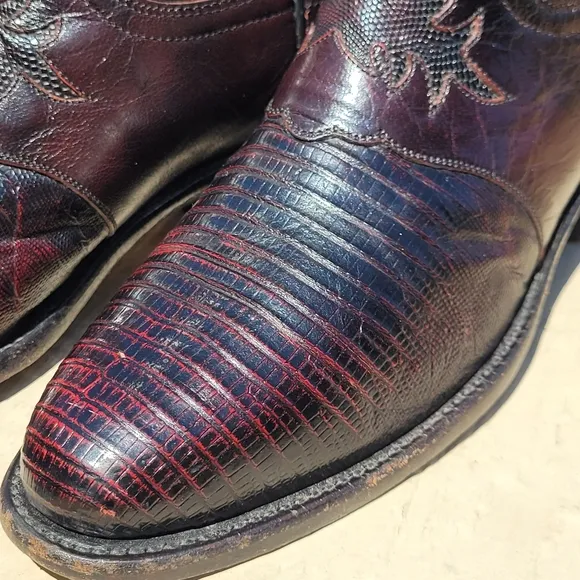 Lucchese 1883 Black Cherry Inlaid Lizard Saddle Vamp Cowboy Boots Sz 8D N1007R4