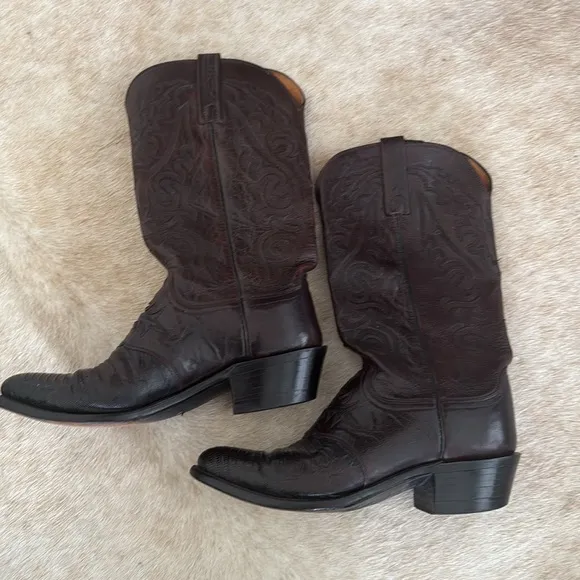 Lucchese 1883 Black Cherry Lizard Inlaid  Leather Boots Men Sz 8.5 D N1007J4