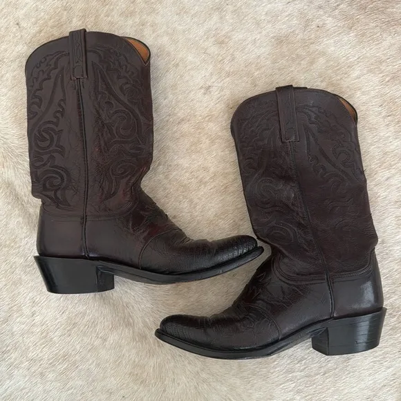 Lucchese 1883 Black Cherry Lizard Inlaid  Leather Boots Men Sz 8.5 D N1007J4