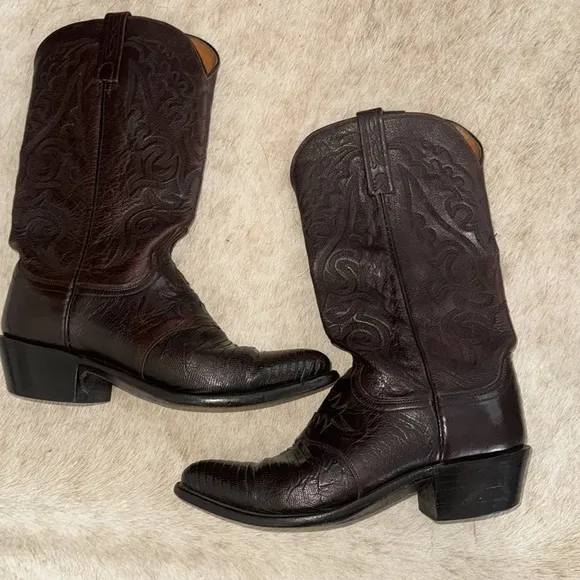 Lucchese 1883 Black Cherry Lizard Inlaid  Leather Boots Men Sz 8.5 D N1007J4