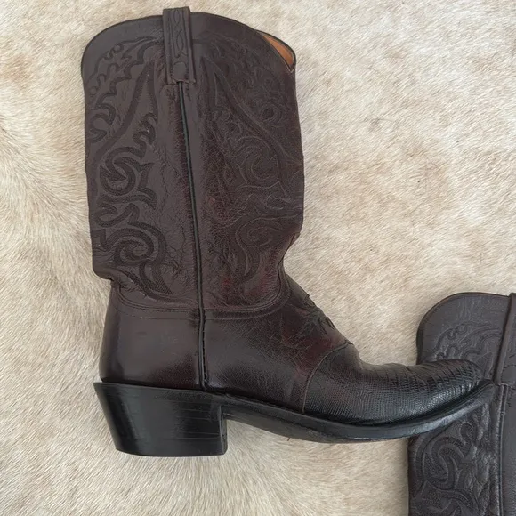 Lucchese 1883 Black Cherry Lizard Inlaid  Leather Boots Men Sz 8.5 D N1007J4