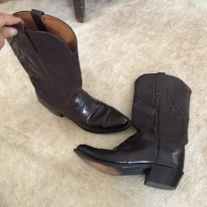 Lucchese 1883 Black Cherry Lizard Inlaid  Leather Boots Men Sz 8.5 D N1007J4