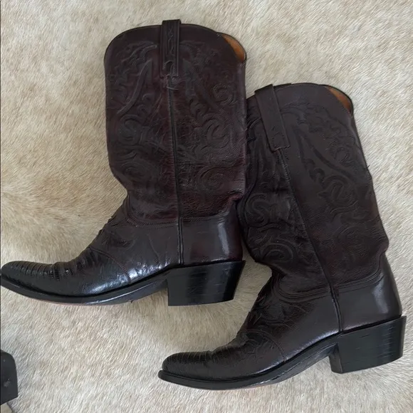 Lucchese 1883 Black Cherry Lizard Inlaid  Leather Boots Men Sz 8.5 D N1007J4