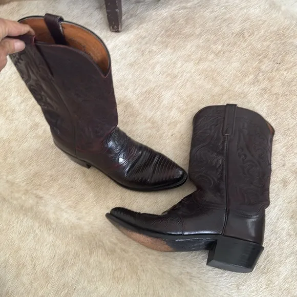 Lucchese 1883 Black Cherry Lizard Inlaid  Leather Boots Men Sz 8.5 D N1007J4